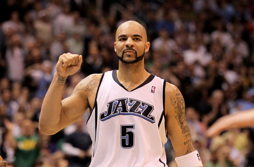 SALT LAKE CITY - APRIL 30: Carlos Boozer #5 of the Utah Jazz celebrates after a Jazz basket during their game against the Denver Nuggets during Game Six of the Western Conference Quarterfinals of the 2010 NBA Playoffs at EnergySolutions Arena on April 30, 2010 in Salt Lake City, Utah. NOTE TO USER: User expressly acknowledges and agrees that, by downloading and or using this photograph, User is consenting to the terms and conditions of the Getty Images License Agreement. (Photo by Ezra Shaw/Getty Images)